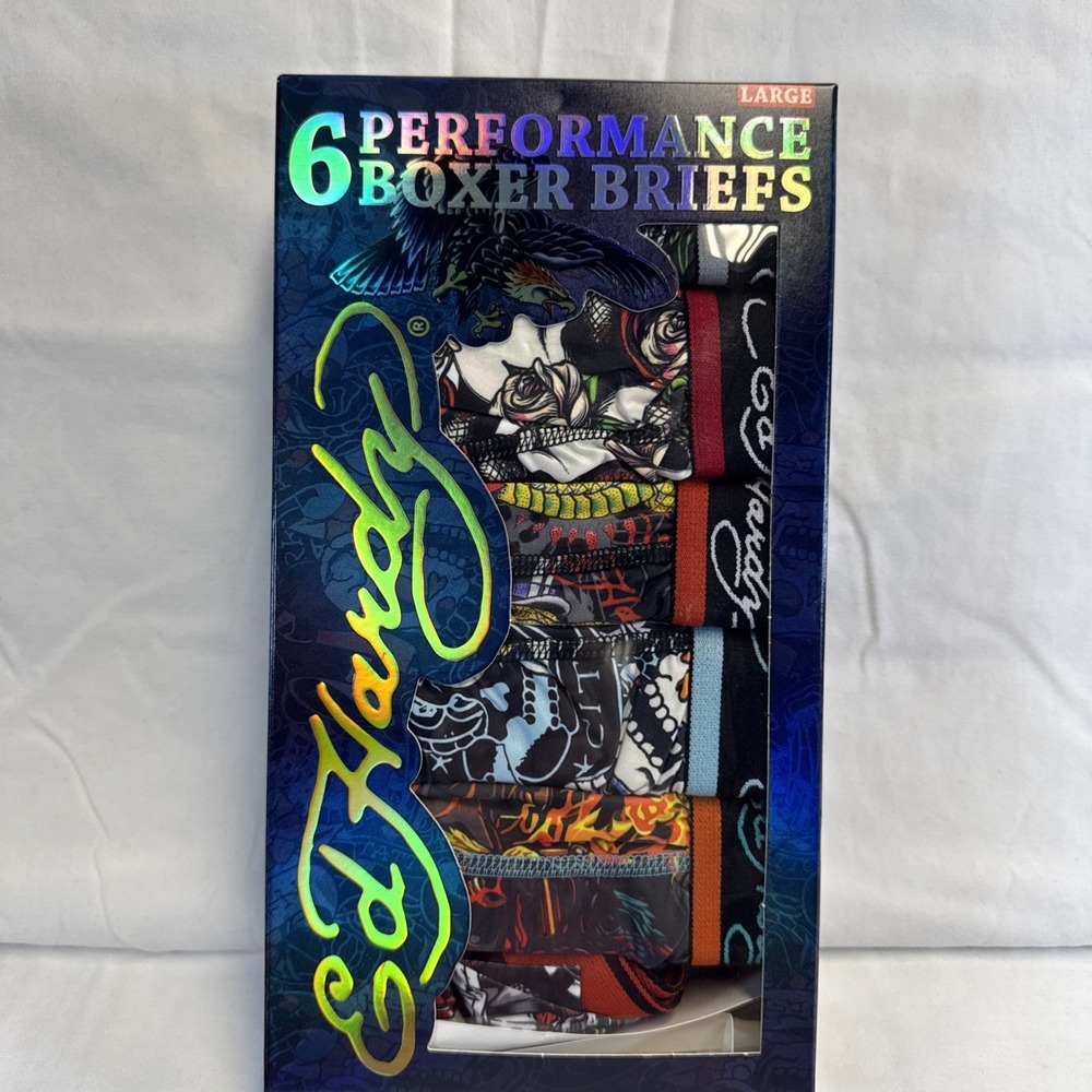 6 PAIR MENS LARGE ED HARDY PERFORMANCE BOXER BRIEFS - NIB